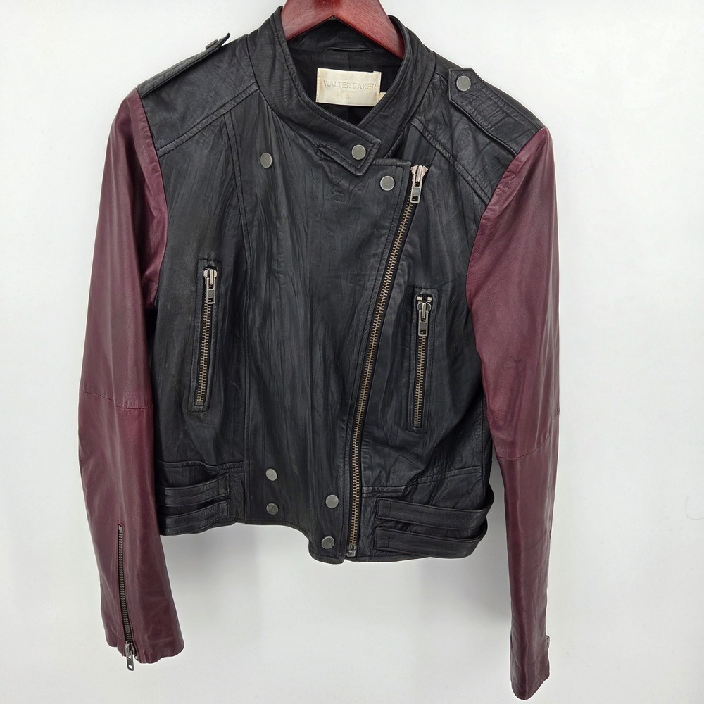 Walter Baker Vikki 100% Leather Moto Jacket Two Tone Distress Faded Women Large